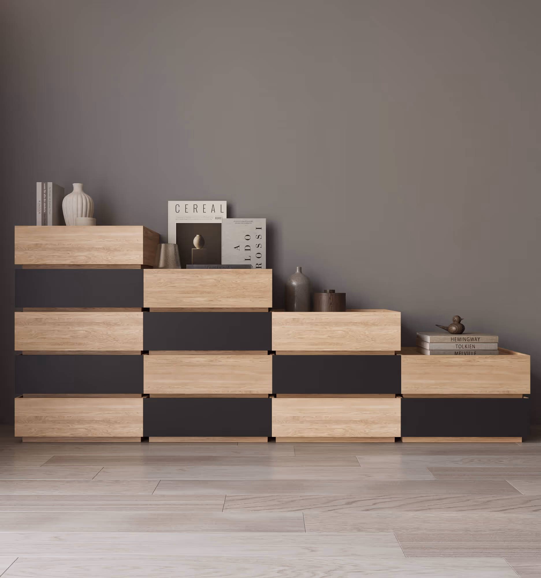 Nabio furniture drawers in black and beige colors.